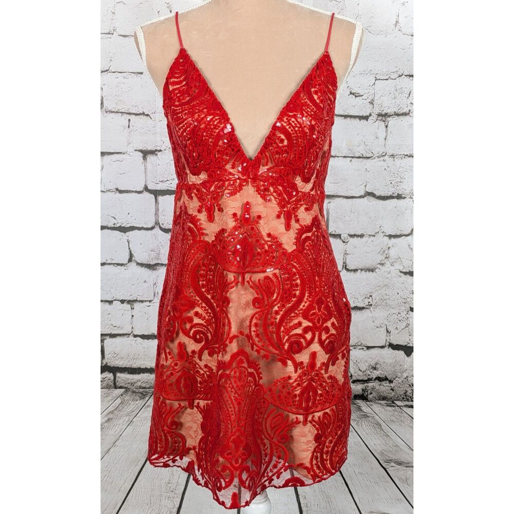 FREE PEOPLE Night Shimmer Red Sequined Lace Mini Slip Dress Vamp Romantic Size 4